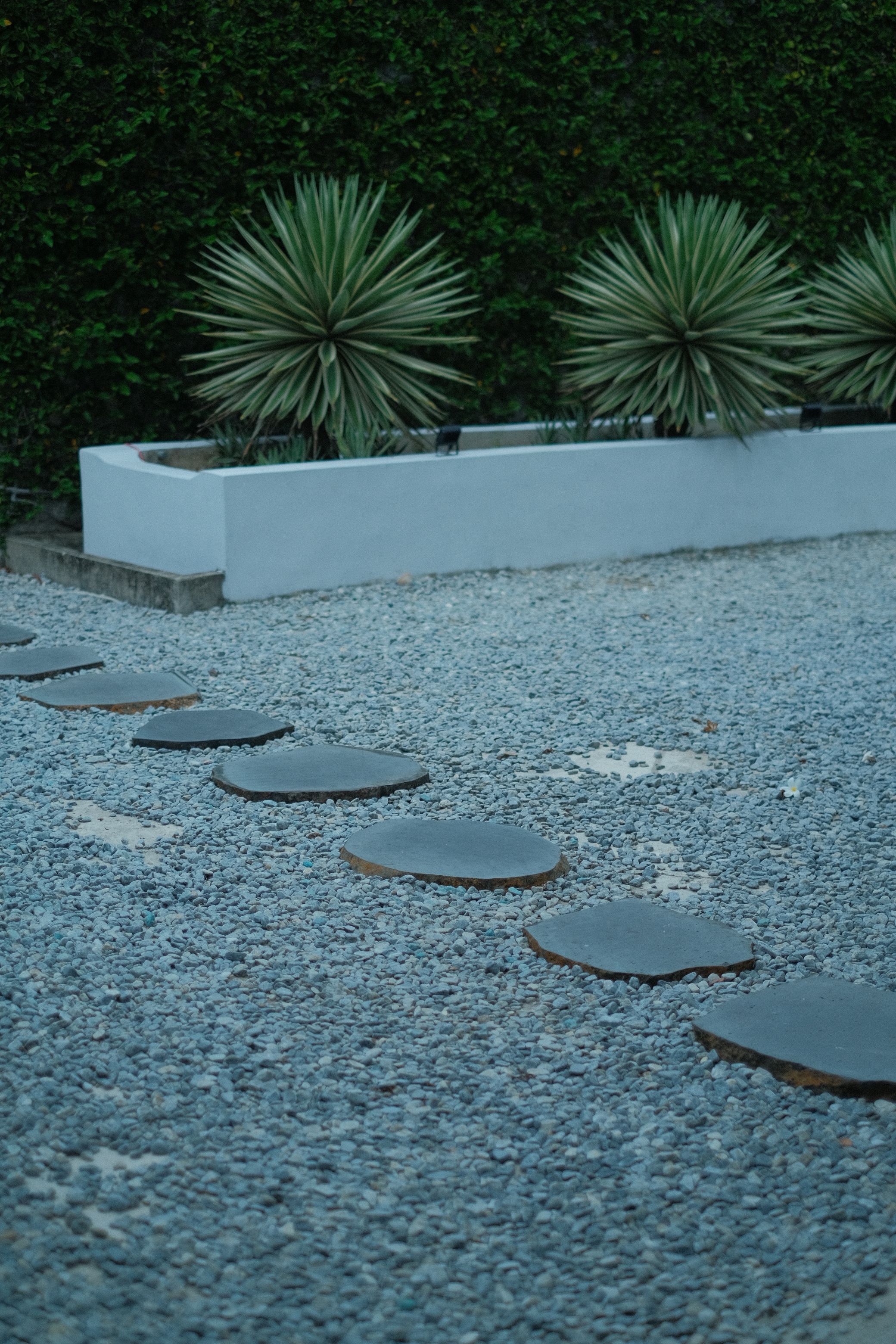 Gravel yard with flat stone stepping pads running past a low stucco planter wall